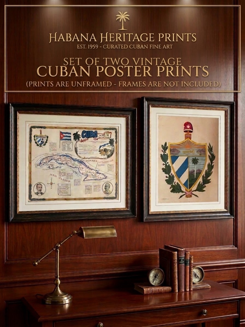 Vintage Antonio Carbajo Cuba Map Coat of Arms Heritage Wall Art Poster Print Set